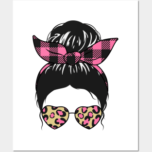 Messy Bun Girl Pink Check Bandana & Leopard Print Sunglasses Posters and Art
